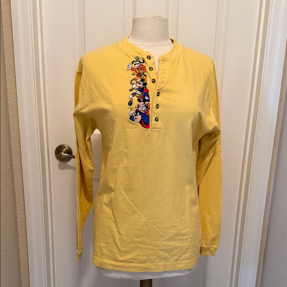 * Disney Yellow Long Sleeve Henley Tee with Classic Character Embroidery (sz- m)